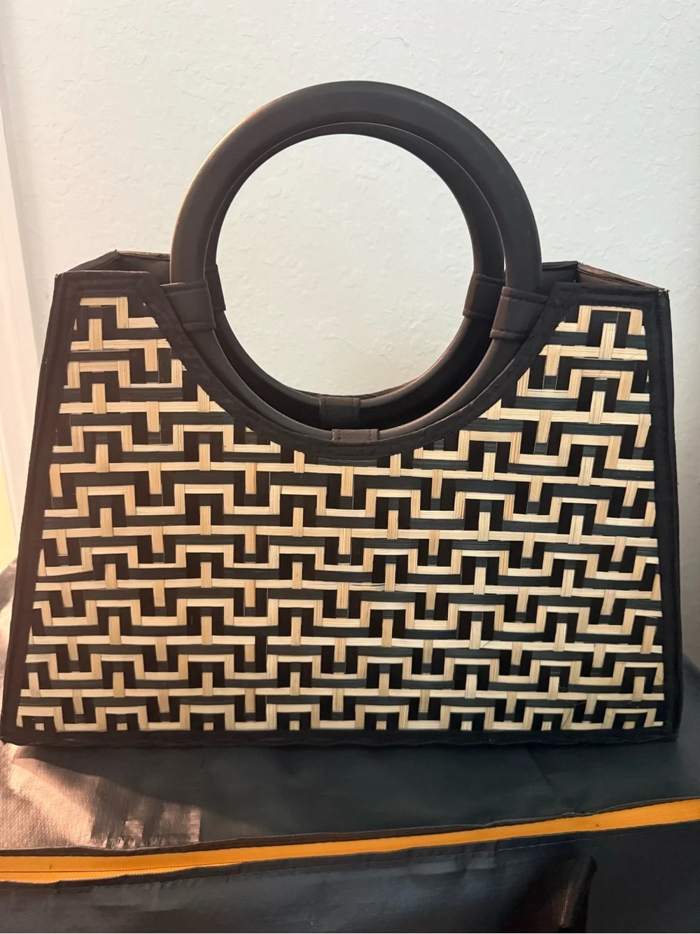 Black and Cream Geometric Weave Tote Bag